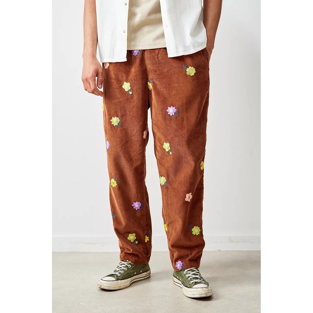 Urban Outfitters Brown Floral Embroidered Corduroy Beach Pants Small